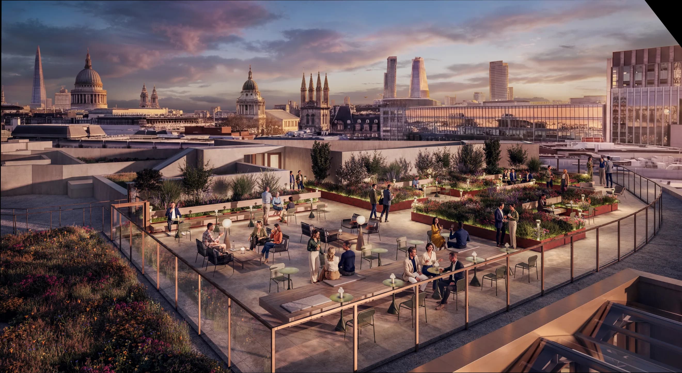Roof terrace on the sixth floor looking out over the London skyline at dusk